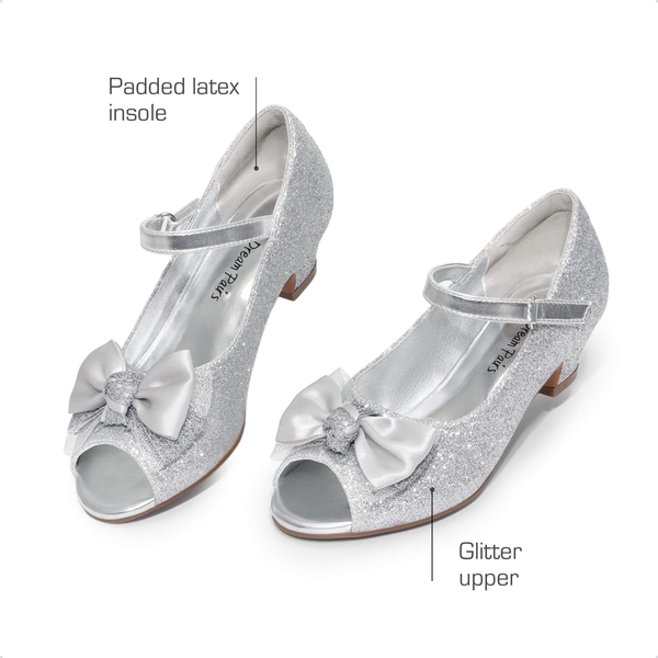 Girls' Bow Flower Low Heel Dress Shoes  - SILVER-GLITTER - 2